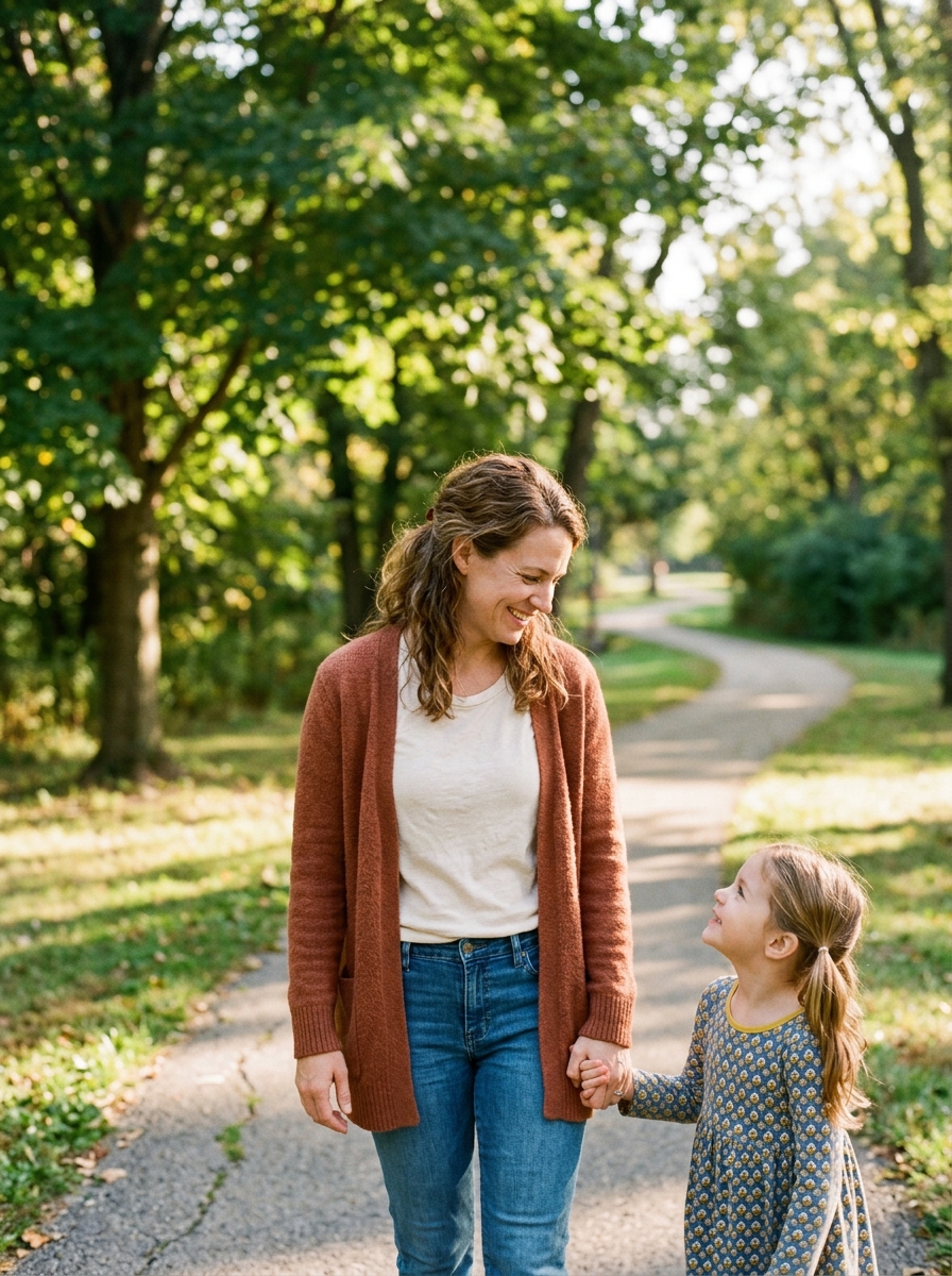 A parent walking hand in hand with a child on a sunny path