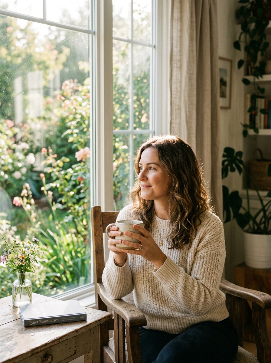 A woman holding a mug and looking calmly out of a window